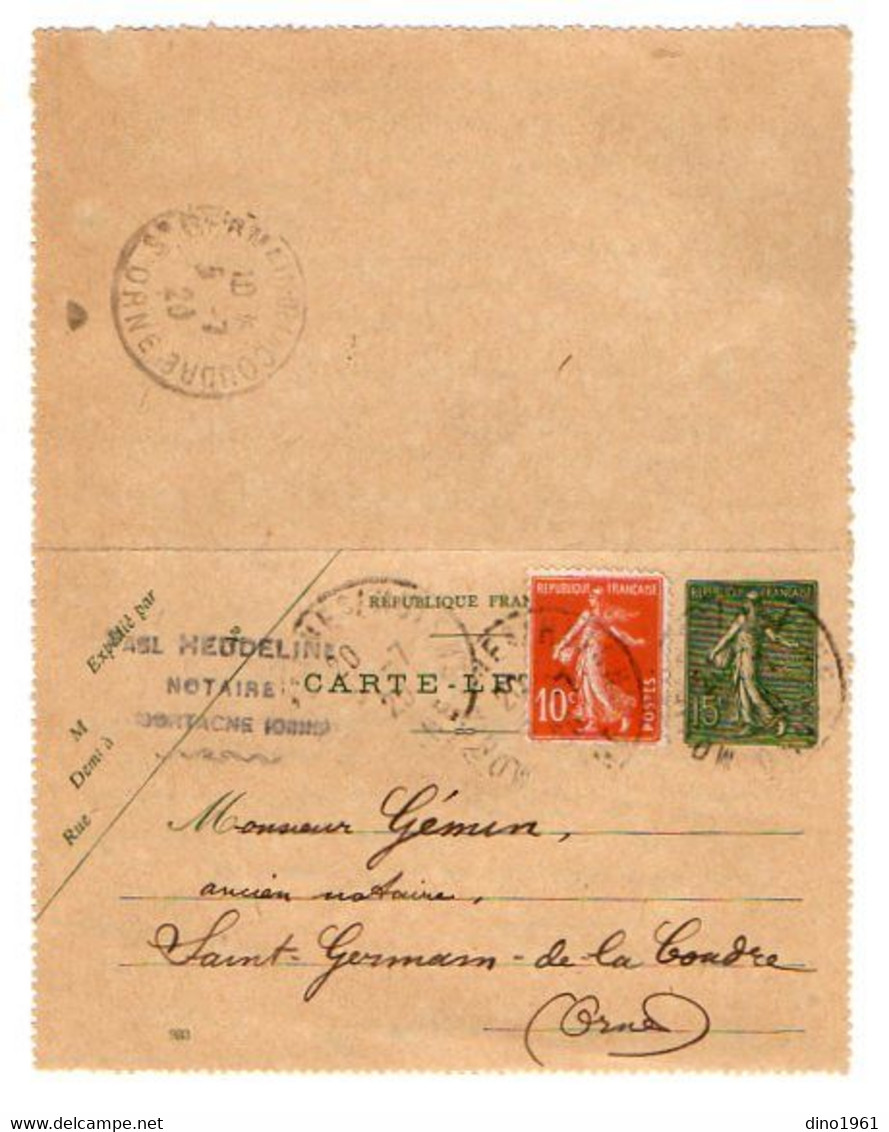 TB 3756 - 1920 - Entier Postal Type Semeuse / Me P. HEUDELINE Notaire à MORTAGNE Pour SAINT GERMAIN DE LA COUDRE - Cartes-lettres