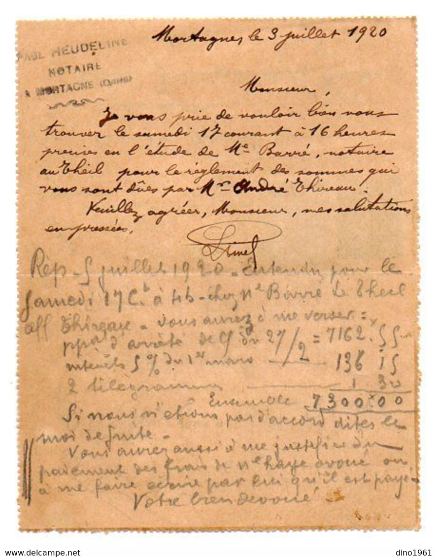 TB 3756 - 1920 - Entier Postal Type Semeuse / Me P. HEUDELINE Notaire à MORTAGNE Pour SAINT GERMAIN DE LA COUDRE - Kartenbriefe