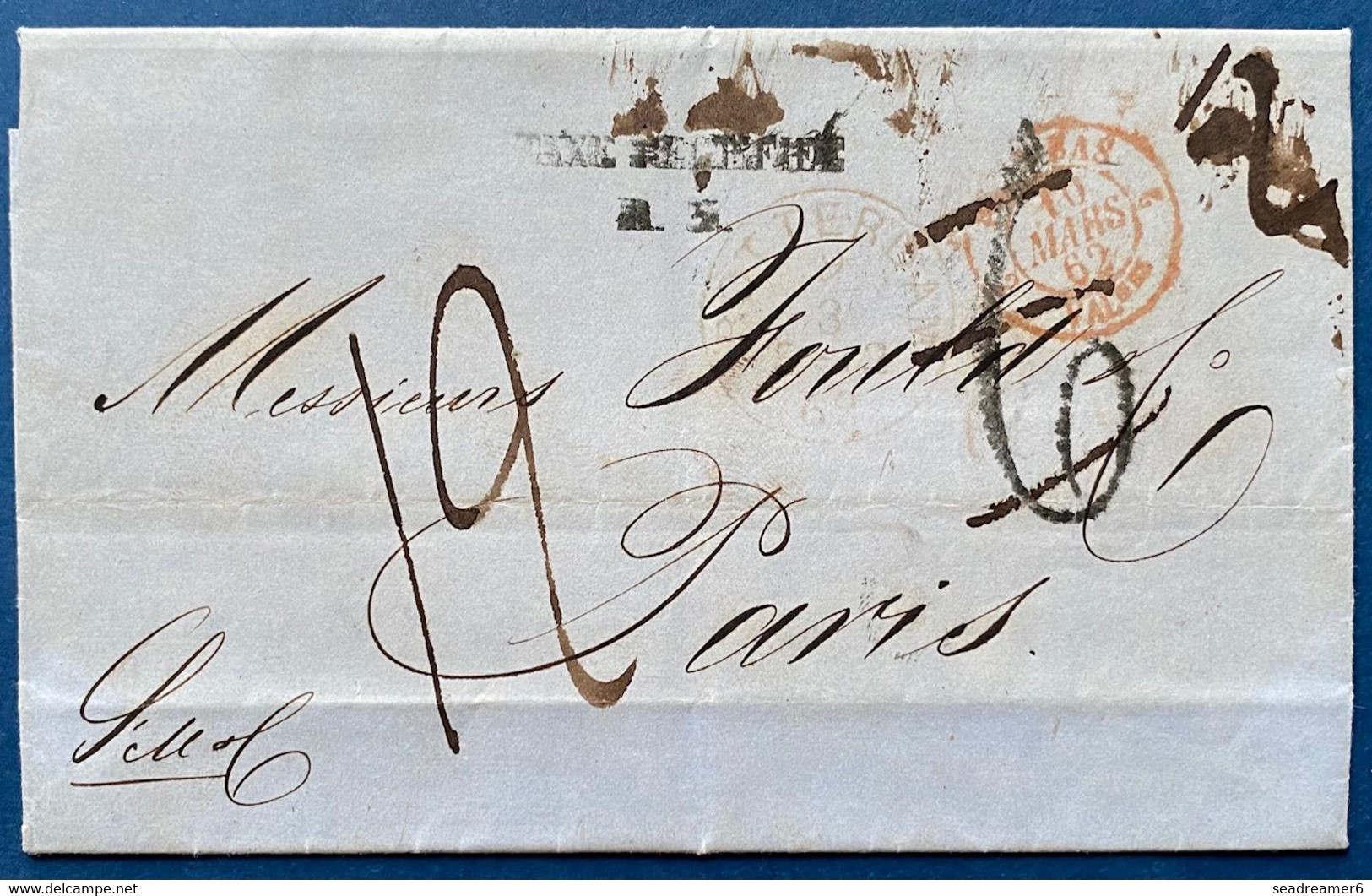 Lettre De 1862 De Rotterdam Non Affranchie Pour Paris Taxée 6, Puis Remplacée Par 12 + Griffe TAXE RECTIFIEE R TTB - Postal History