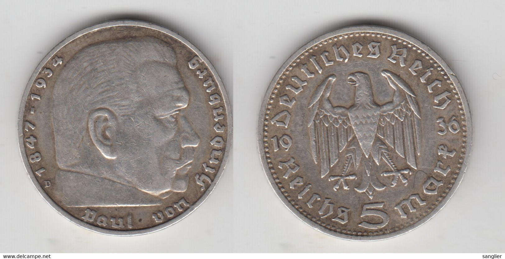 5 REICHSMARK 1936 D  (ARGENT) - 5 Reichsmark