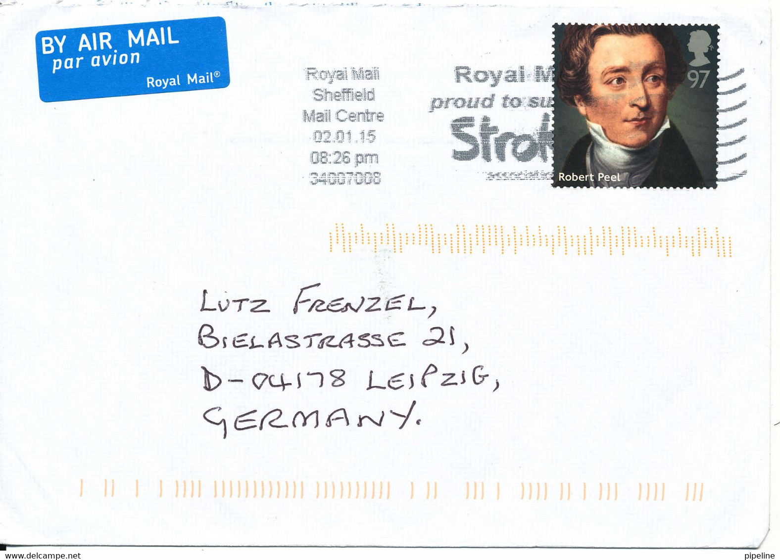 Great Britain Cover Sent To Germany Sheffield 2-1-2015 Single Franked - Cartas & Documentos