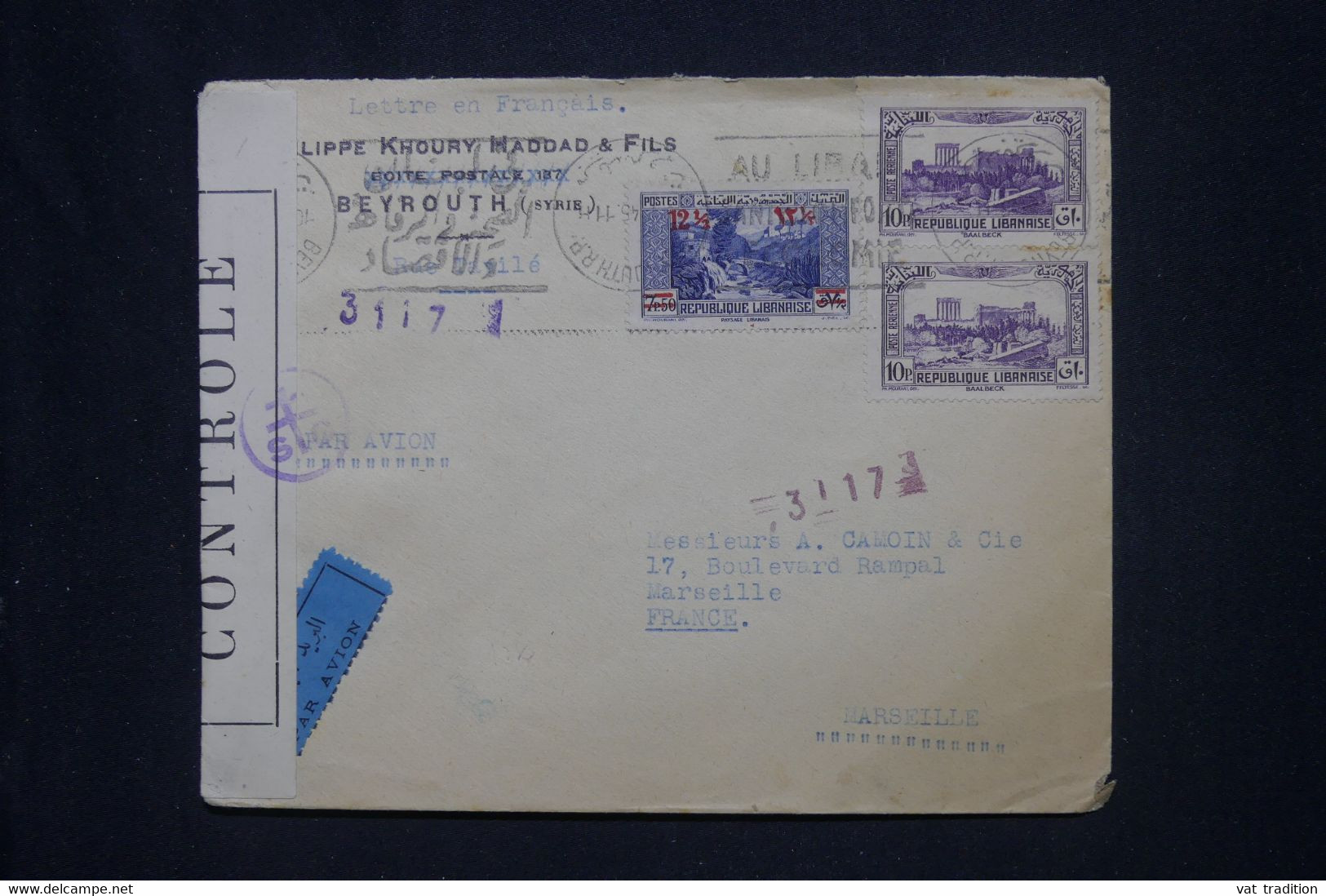 LIBAN - Enveloppe Commerciale De Beyrouth Pour La France En 1945 Avec Contrôle Postal - L 136293 - Lettres & Documents