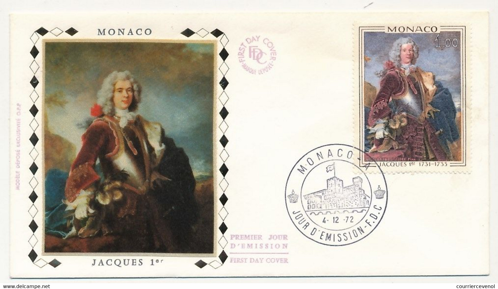 MONACO => 2 Env FDC Soie - 1,00 Jacques Ier + 3,00 Louise Hippolyte - Monaco-A  4/12/1972 - FDC