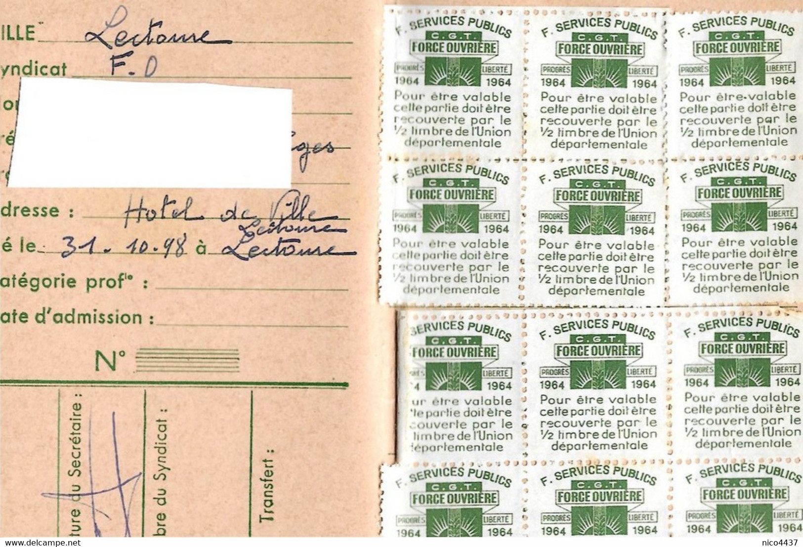 Lectoure Carte Confederale Cgt Force Ouvriere  Année 1964 - Lectoure