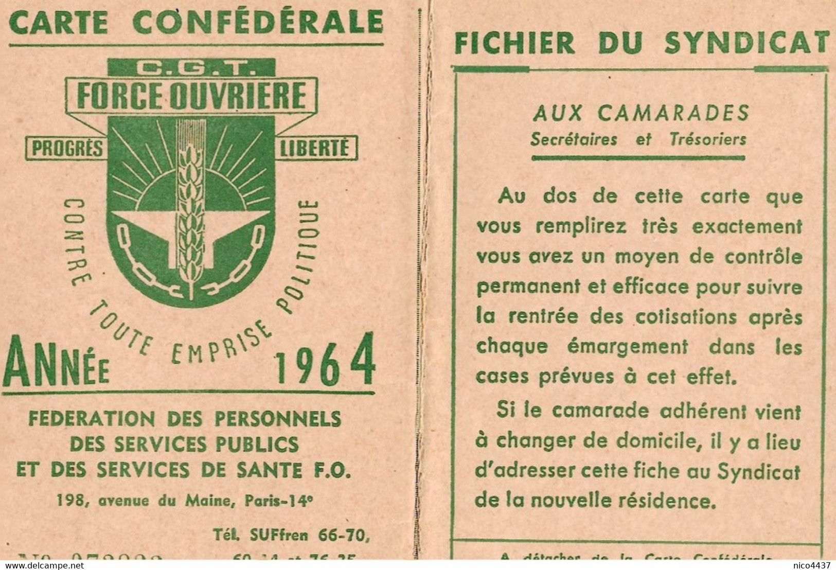 Lectoure Carte Confederale Cgt Force Ouvriere  Année 1964 - Lectoure