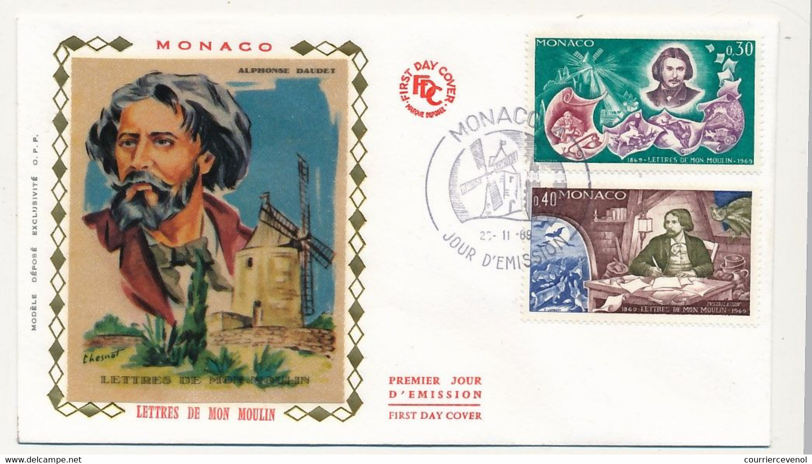 MONACO => 3 Env FDC Soie - 5 Valeurs "Lettres De Mon Moulin" - Monaco A - 25/11/1969 - FDC