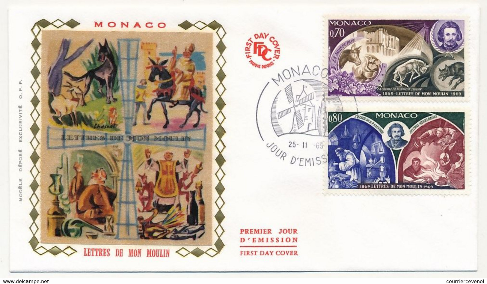 MONACO => 3 Env FDC Soie - 5 Valeurs "Lettres De Mon Moulin" - Monaco A - 25/11/1969 - FDC