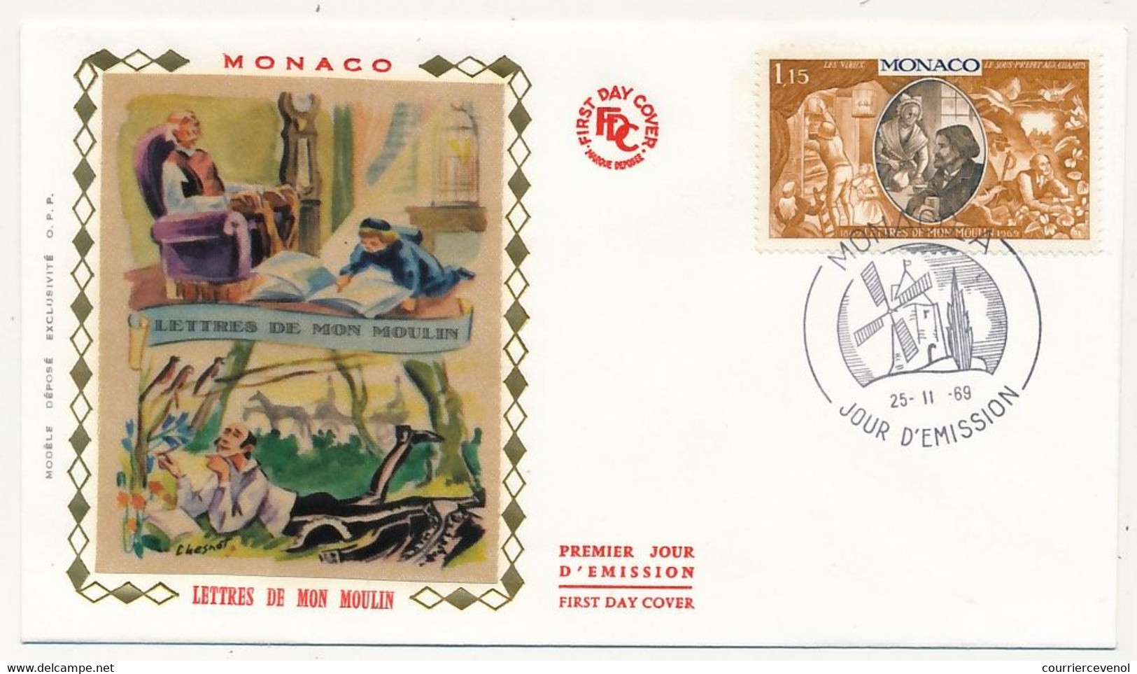 MONACO => 3 Env FDC Soie - 5 Valeurs "Lettres De Mon Moulin" - Monaco A - 25/11/1969 - FDC