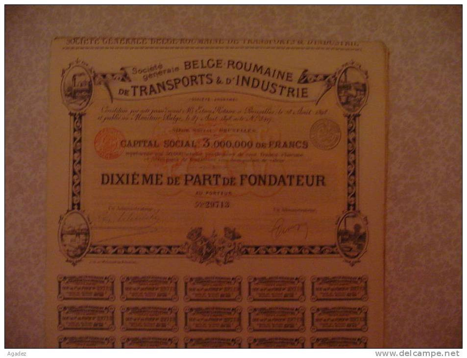 Sté Generale Belge Roumaine De Transports Et D'industrie 1898 Part De Fondateur  (Roumanie)Tramways,bateaux. - Transports