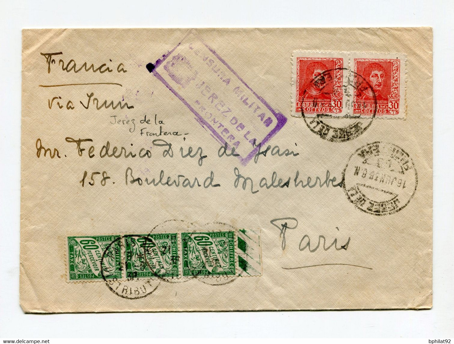 !!! GUERRE D'ESPAGNE, LETTRE DE JEREZ DE LA FRONTERA  16/6/1938 POUR PARIS, AVEC CENSURE NATIONALISTE. TAXEE A L'ARRIVEE - Nationalistische Censuur