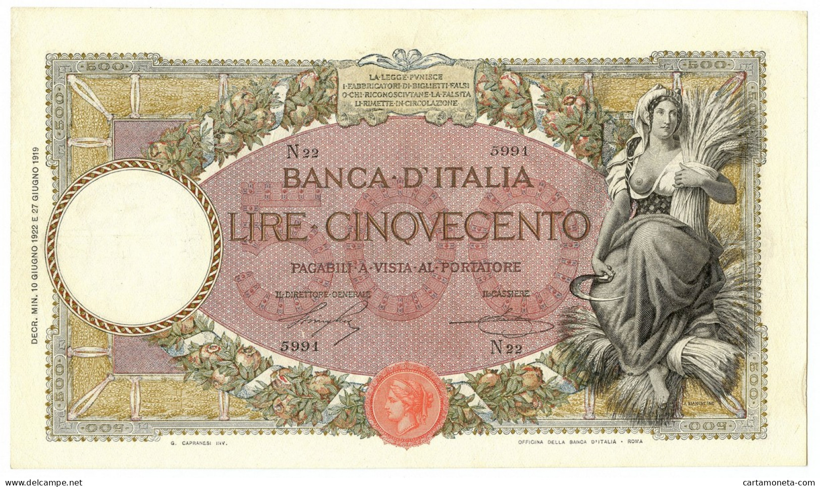 500 LIRE CAPRANESI MIETITRICE TESTINA DECRETO 10/06/1922 BB/SPL - Andere