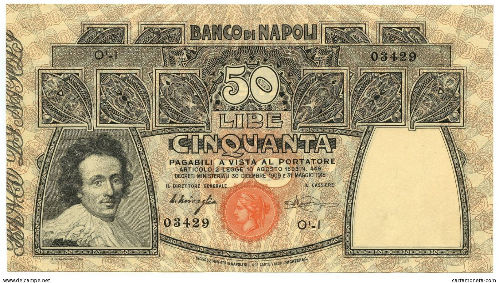 50 LIRE BANCO DI NAPOLI BIGLIETTO AL PORTATORE 31/05/1915 SPL+ - Altri & Non Classificati