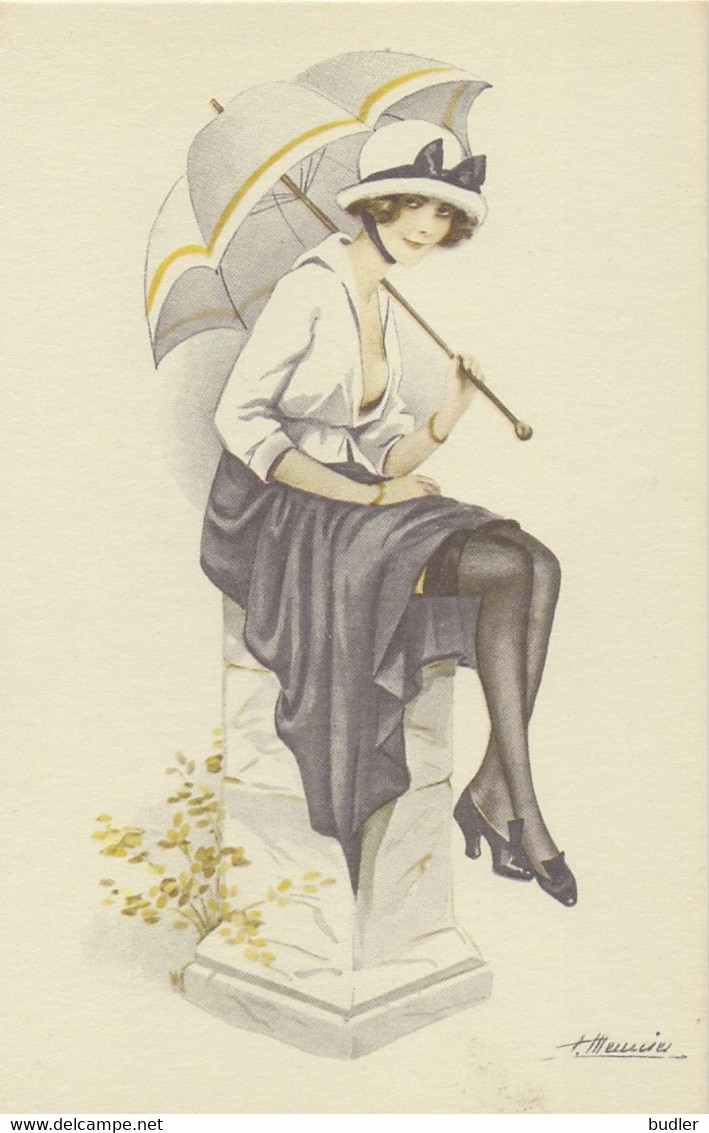 Illustration De Suzanne MEUNIER:«FEMME élégante Au Chapeau Et Parapluie»: Style Art Nouveau - Repro D'une Carte Ancienne - Meunier, S.