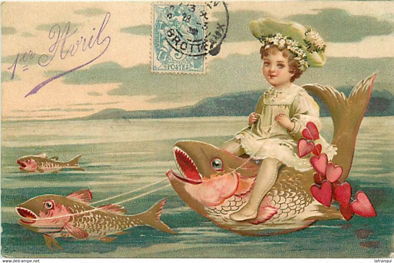 Themes Div-ref MM536-carte Gaufrée Fond Doré Dorure -enfants - Enfant  -1er Avril -attelage Poissons Et Petits Coeurs - 1er Avril - Poisson D'avril