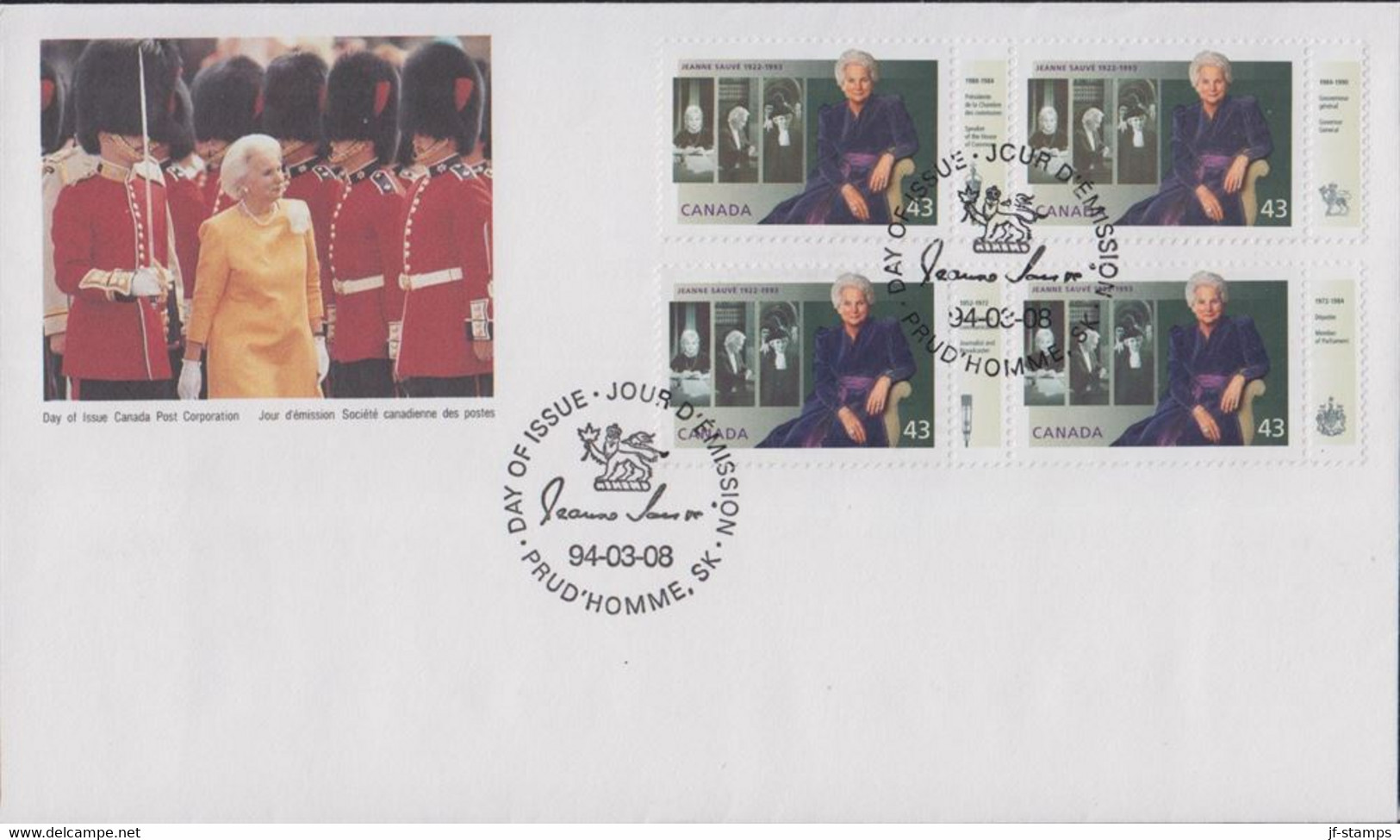 1994. CANADA. JEANNE SAUVE In 4-BLOCK. FDC. - JF527507 - Cartas & Documentos