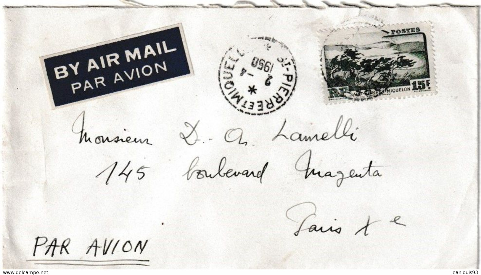 SAINT PIERRE ET MIQUELON - LETTRE PAR AVION 1949 - Cartas & Documentos