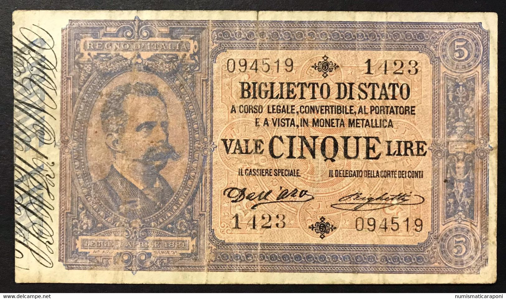 5 Lire Vitt. Em. III° Efige Di Umberto I° Serie 1423 04 09 1901 / 29 03 1904 R3 RRR Mb+ Taglietto Naturale Lotto.3980 - Italië– 5 Lire