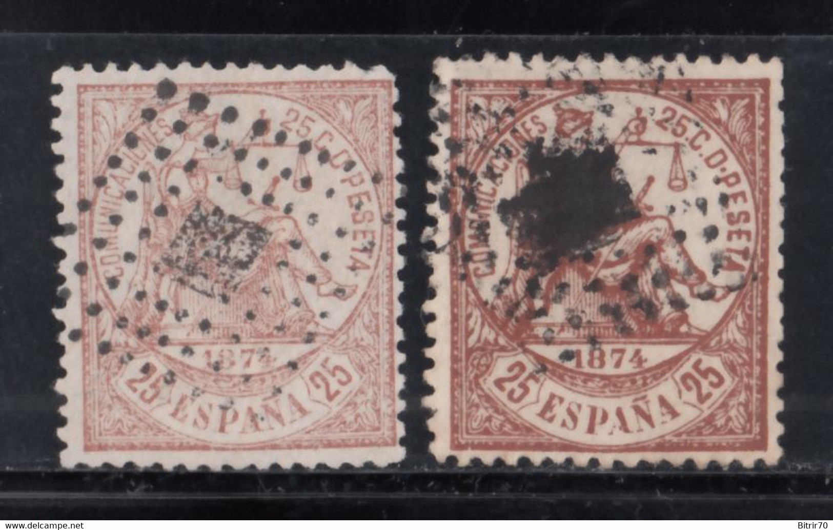 ESAPAÑA, 1874 Edifil 147, 147a, 25 C. Castaño / 25 C. Castaño Rojizo. - Usados