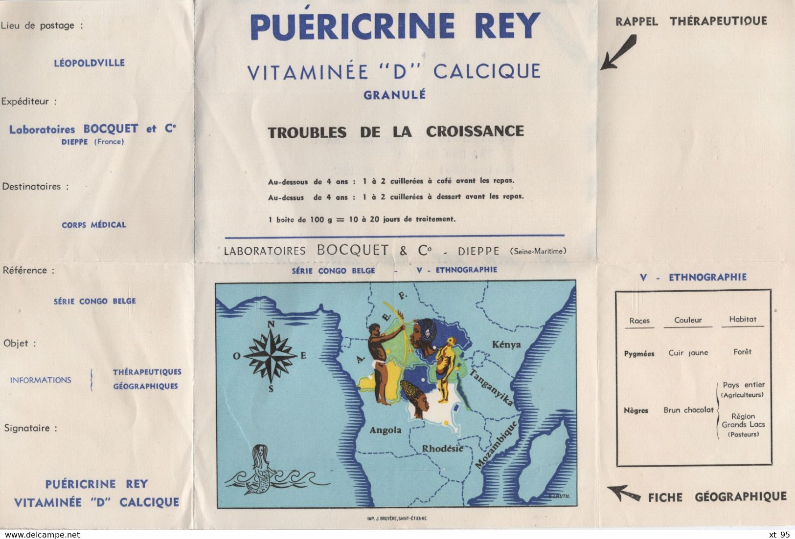 Congo Belge - Imprime Publicitaire Puericrine Rey - Brieven En Documenten