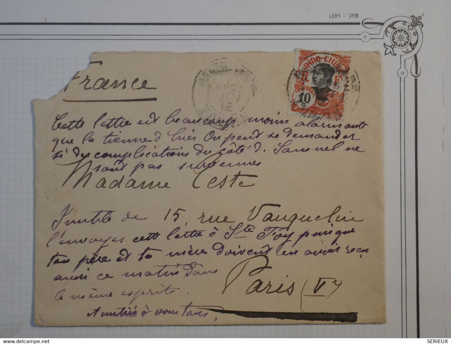 BK7 INDOCHINE  LETTRE 1912 HANOI A PARIS FRANCE ++AFFRANCH. INTERESSANT++ - Cartas & Documentos