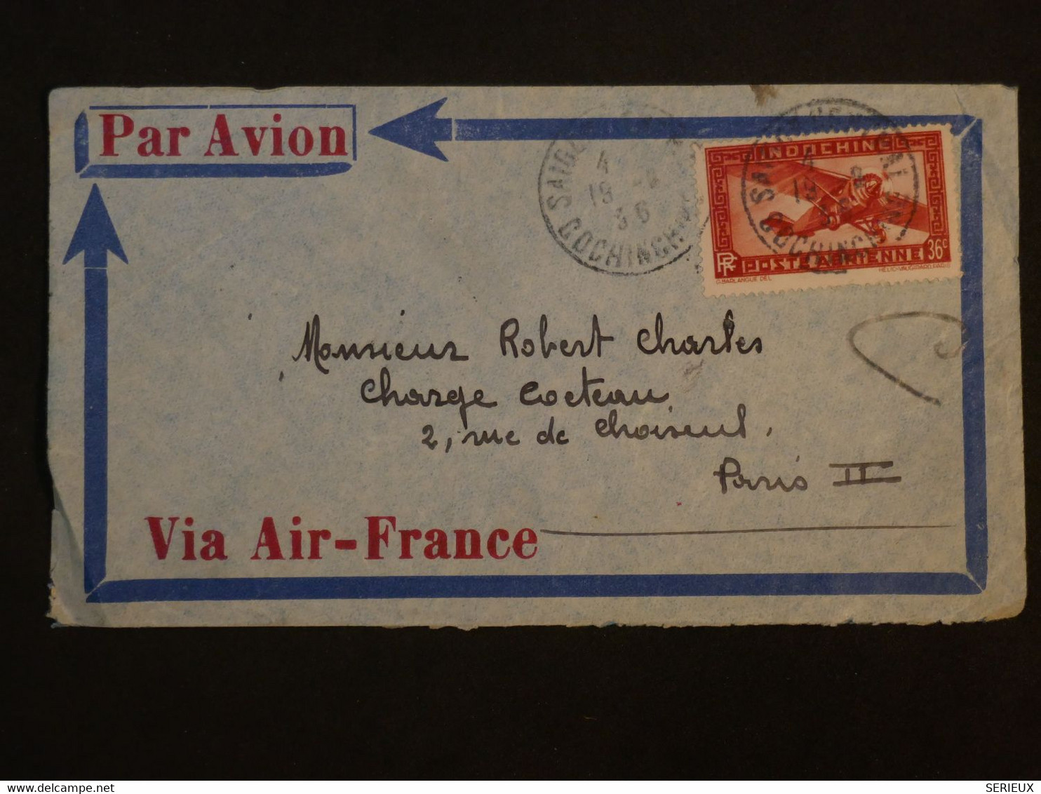 BK7 INDOCHINE  LETTRE 1936 PAR AVION SAIGON A PARIS FRANCE ++AFFRANCH. INTERESSANT++ - Storia Postale