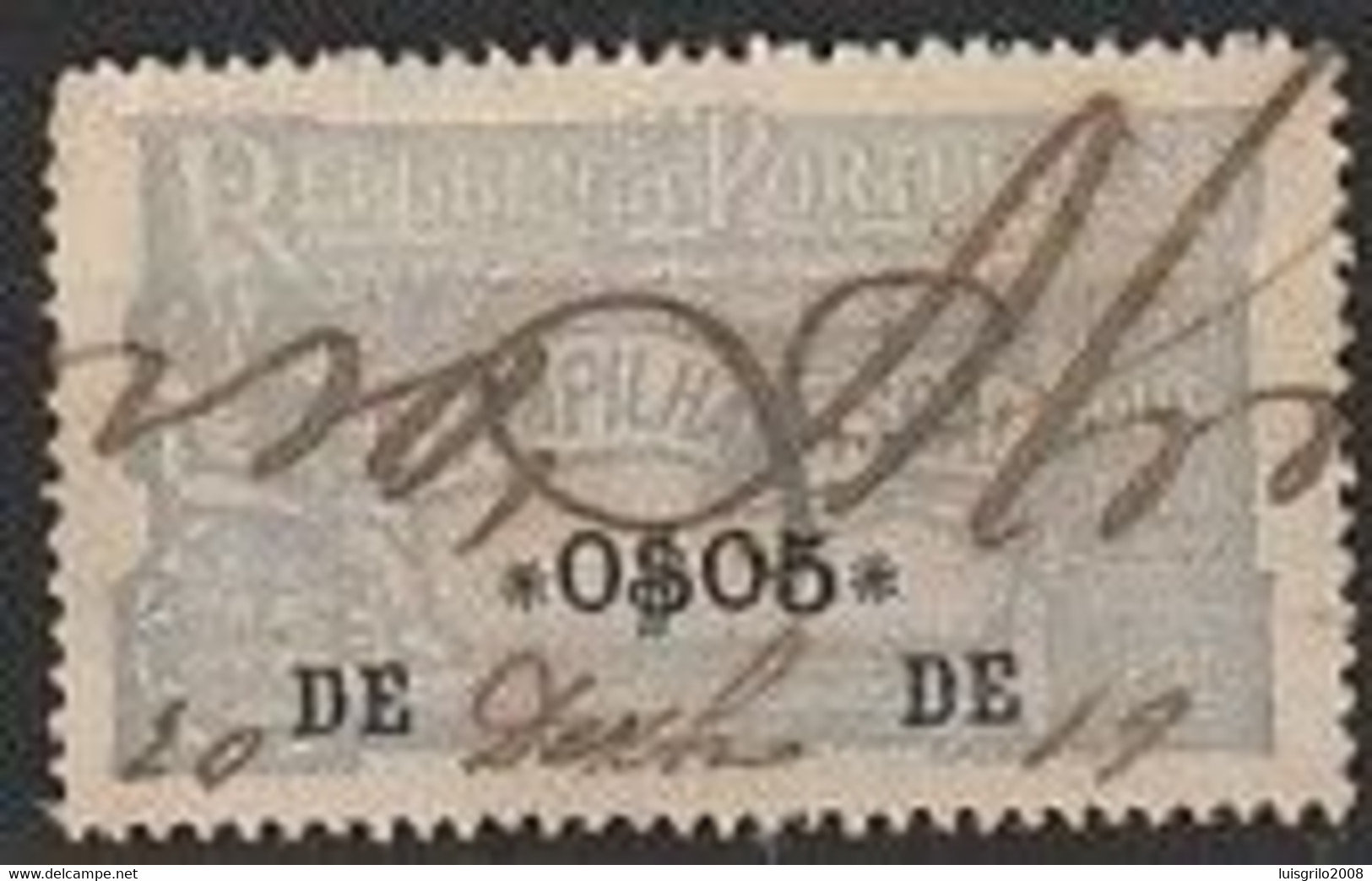 Fiscal/ Revenue, Portugal 1918 - Estampilha Fiscal, Cinza/ Azul -|- 0$05 - Gebruikt
