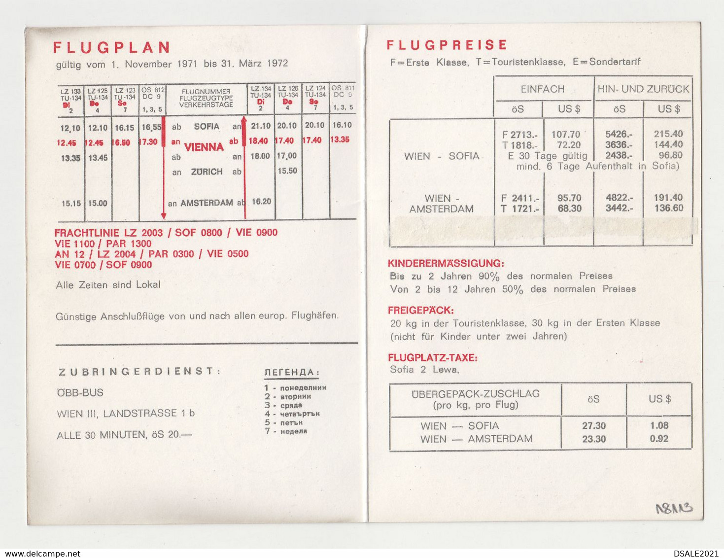 Bulgaria Bulgarishe Fluglinien BALKAN Jet TU-134 Winter 1972 Timetable Flugplan From WIEN Austria (18113) - Timetables