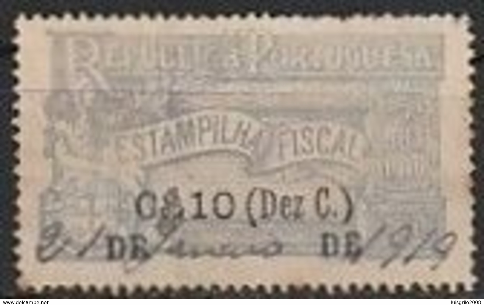 Fiscal/ Revenue, Portugal 1918 - Estampilha Fiscal, Cinza/ Azul -|- 0$10 (Dez C.) - Oblitérés
