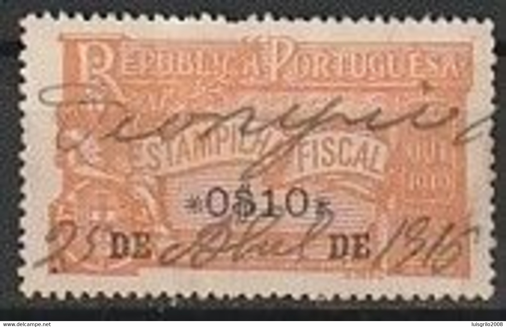 Fiscal/ Revenue, Portugal 1915 - Estampilha Fiscal, Laranja -|- 0$10 - Oblitérés