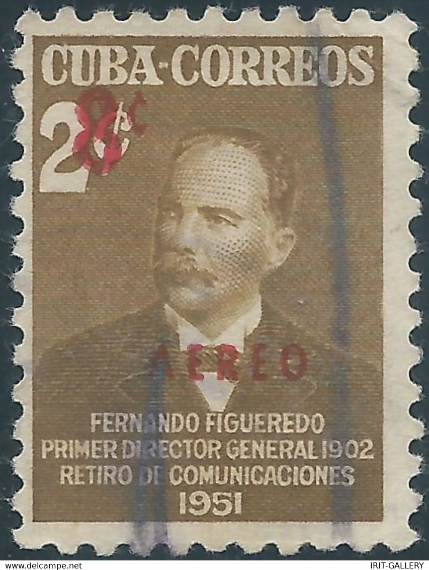 CUBA,REPUBLIC OF CUBA,1952 Airmail - Fernando Figueredo - Not Issued Stamp Surcharged,8/2C,Used - Usati