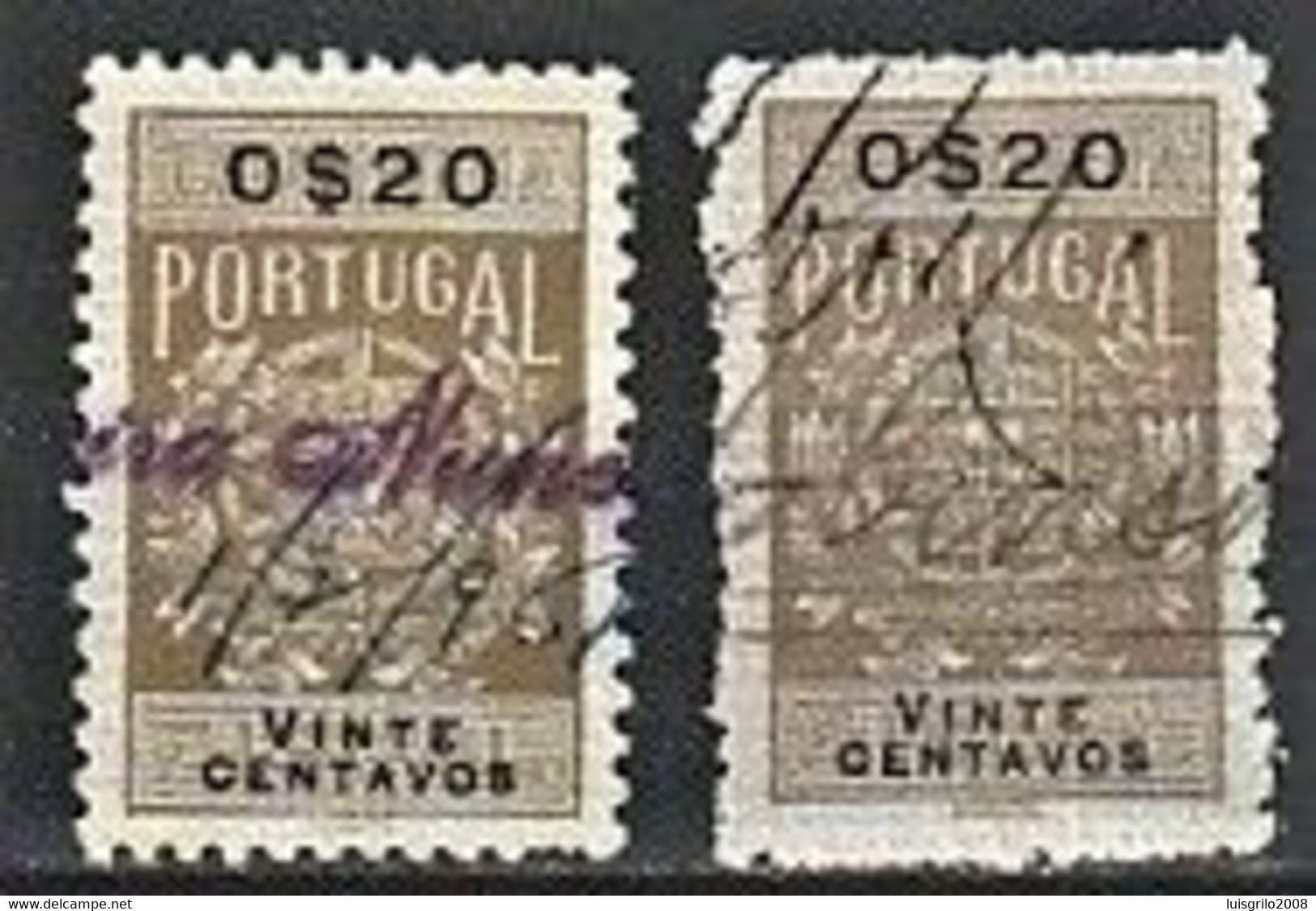 Fiscal/ Revenue, Portugal 1940 - Estampilha Fiscal -|- 0$20 - COLOR VARIANT - Is The Stamp Of The Right - Gebraucht