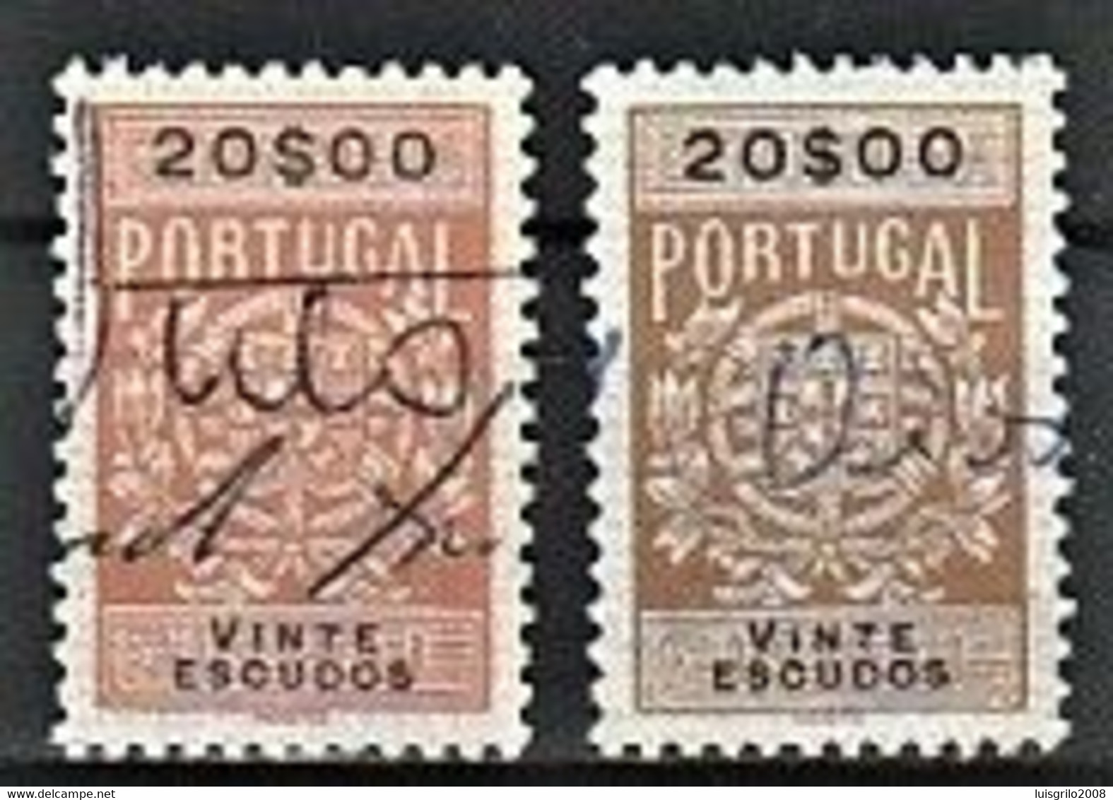 Fiscal/ Revenue, Portugal 1940 - Estampilha Fiscal -|- 20$00 - COLOR VARIANT - Is The Stamp Of The Right - Oblitérés