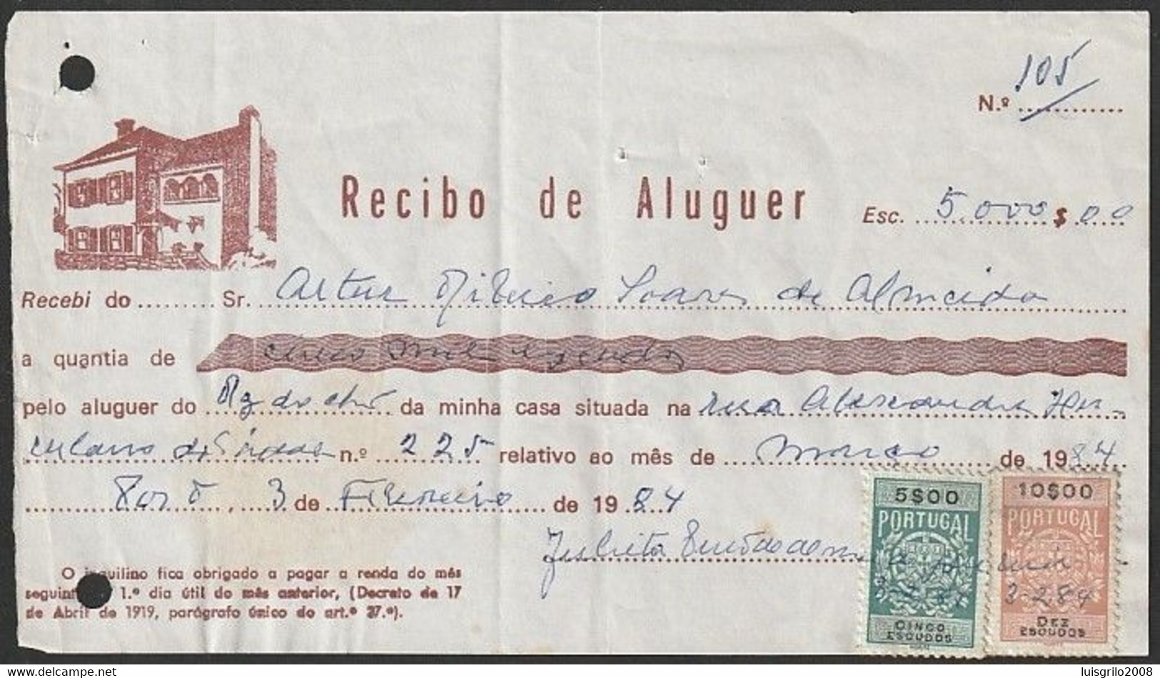 Fiscal/ Revenue, Portugal - Home Rental Receipt -|- Série 1940 - 5$00 + 10$00 - Gebruikt