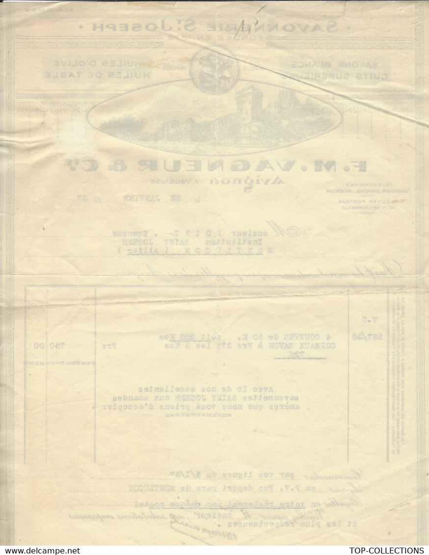 1937 ENTETE SAVONNERIE ST JOSEPH VAGNEUR à Avignon Vaucluse Pour Institution St Joseph Montluçon Allier B.E.V.SCANS - 1900 – 1949