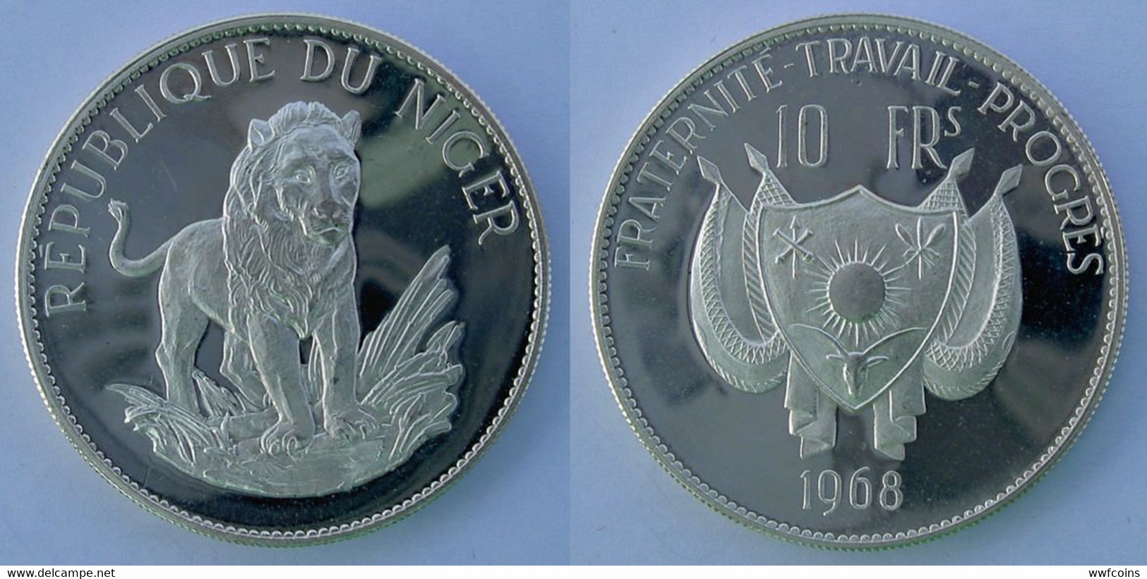 NIGER 10 F 1968 LEONE FRATERNITE TRAVAIL PROGRES LAVORO WORK PROGRESSO PESO 20,1g TITOLO 0,900 - Níger