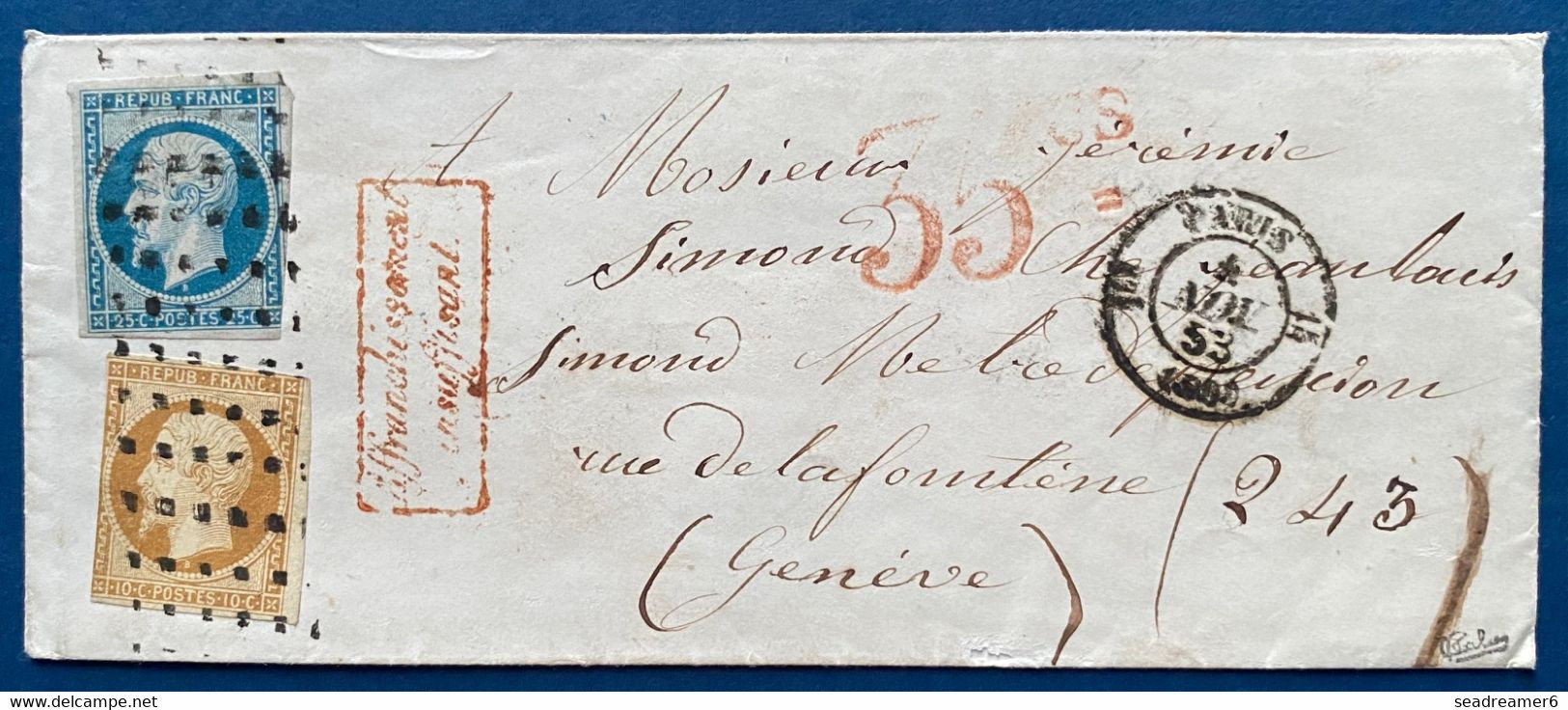 Lettre Presidence N°9 & 10 Oblit Rouleaux Gros Points + Dateur Route 15 " PARIS / 1er/ 60/ 15 " Pour GENEVE Signé CALVES - 1852 Louis-Napoleon