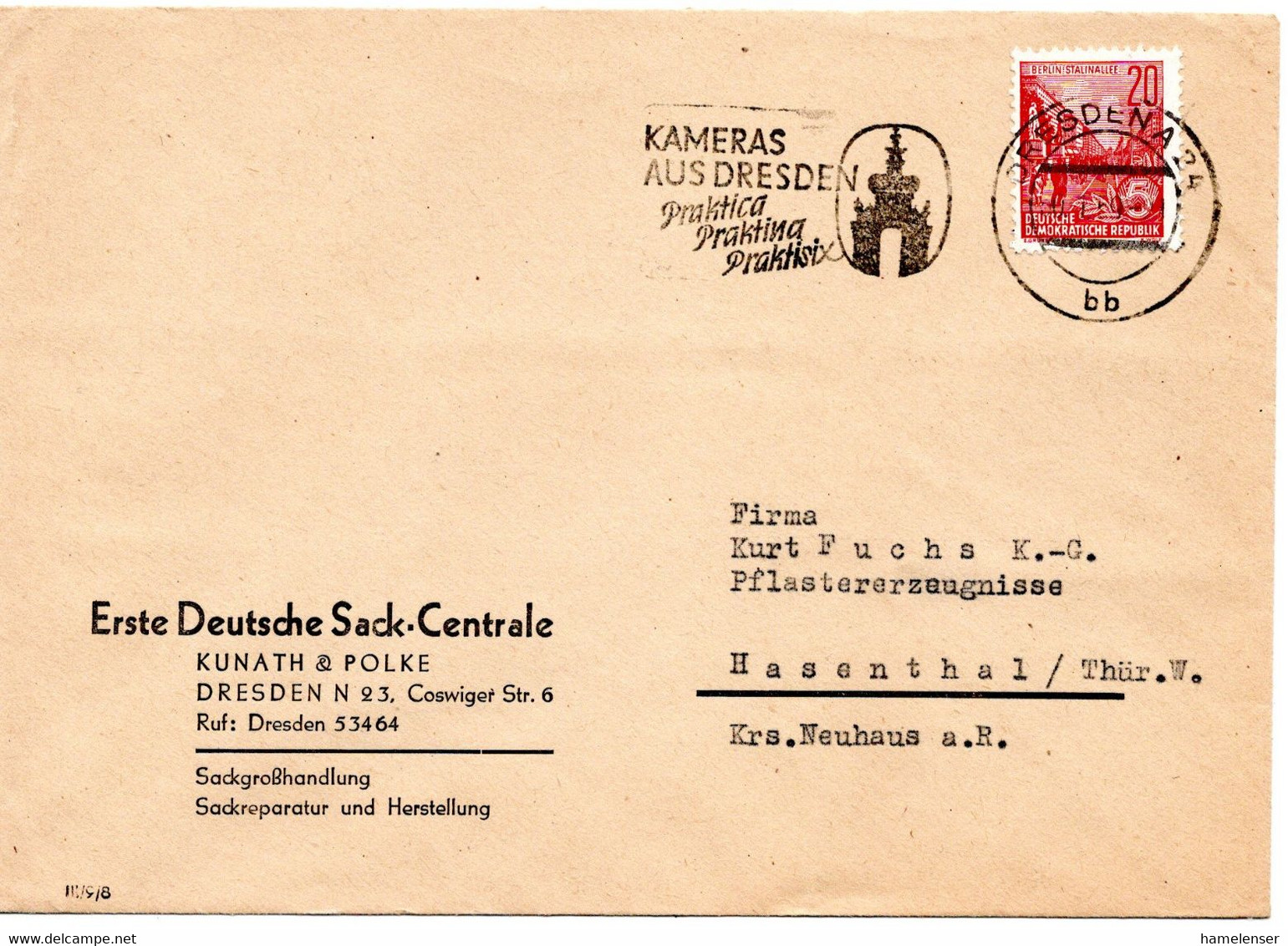 63088 - DDR - 1959 - 20Pfg Fuenfjahrplan EF A Bf DRESDEN - KAMERAS AUS DRESDEN -> Hasenthal - Fotografie