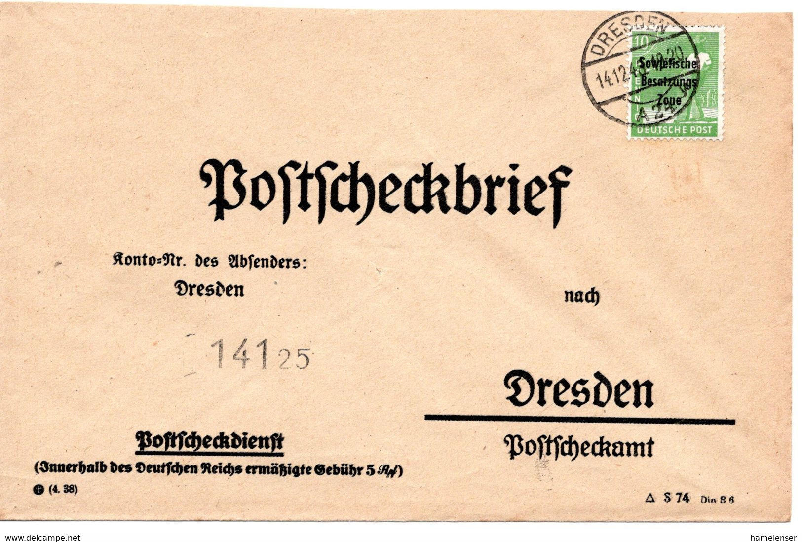 63099 - SBZ - 1948 - 10Pfg Aufdruck EF A PostscheckOrtsBf DRESDEN - Sonstige & Ohne Zuordnung