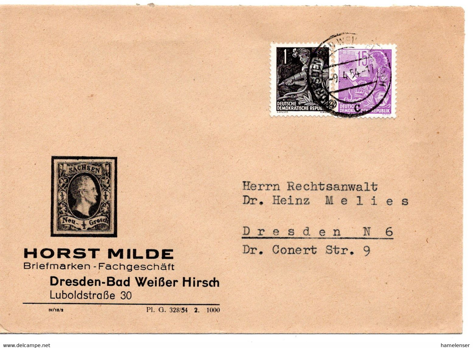 63102 - DDR - 1954 - 15Pfg Fuenfjahrplan MiF A OrtsBf DRESDEN - Storia Postale