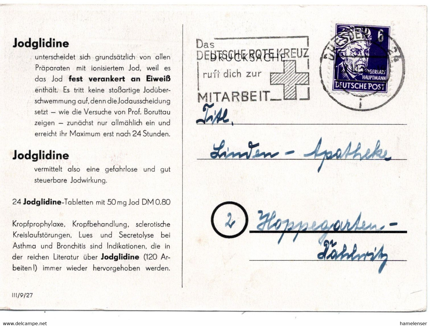 63107 - DDR - 1951 - 6Pfg Hauptmann EF A DrucksKte (Medikamenten-Werbung) DRESDEN - ...  ROTE KREUZ ... -> Hoppegarten - Croix-Rouge