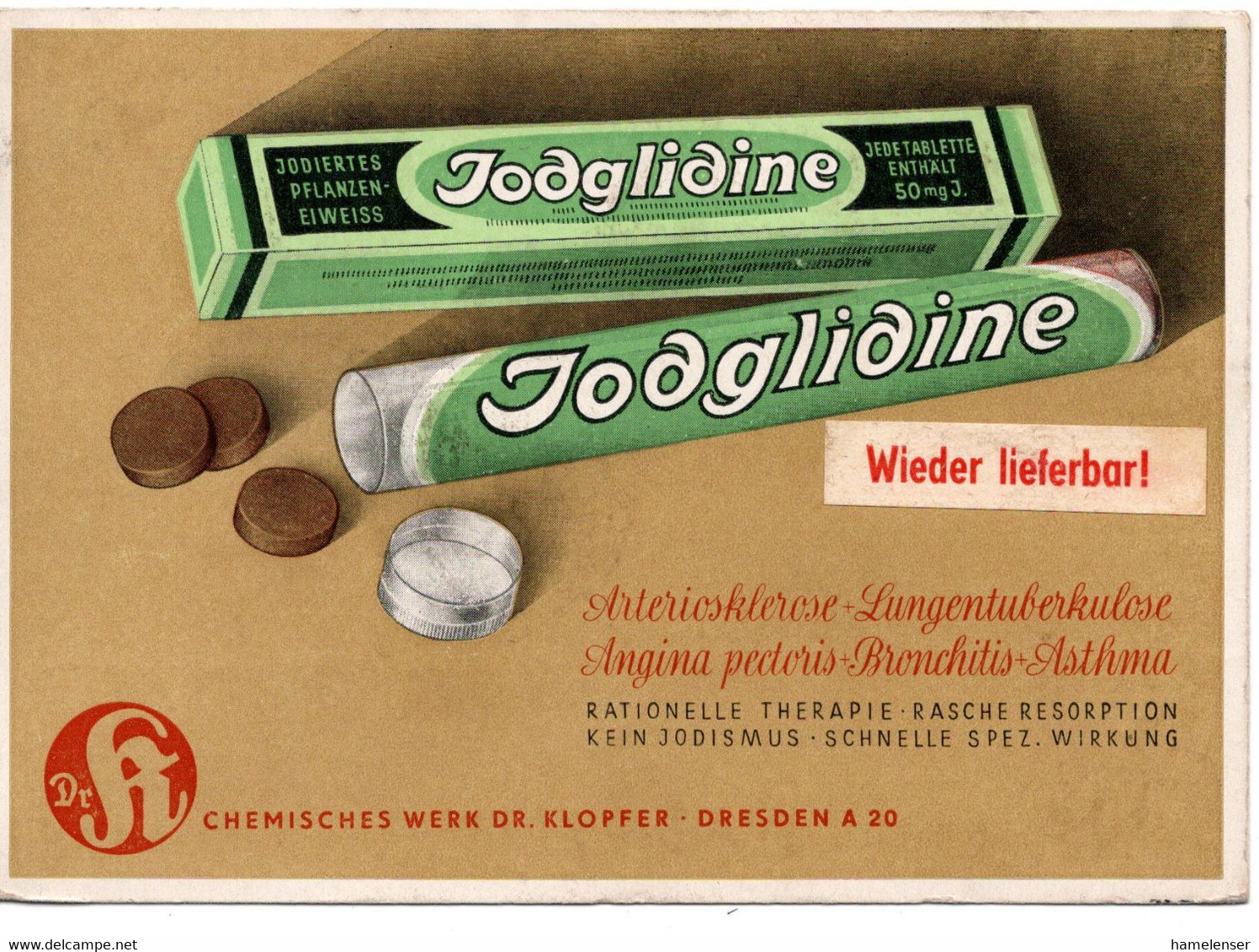 63107 - DDR - 1951 - 6Pfg Hauptmann EF A DrucksKte (Medikamenten-Werbung) DRESDEN - ...  ROTE KREUZ ... -> Hoppegarten - Rotes Kreuz