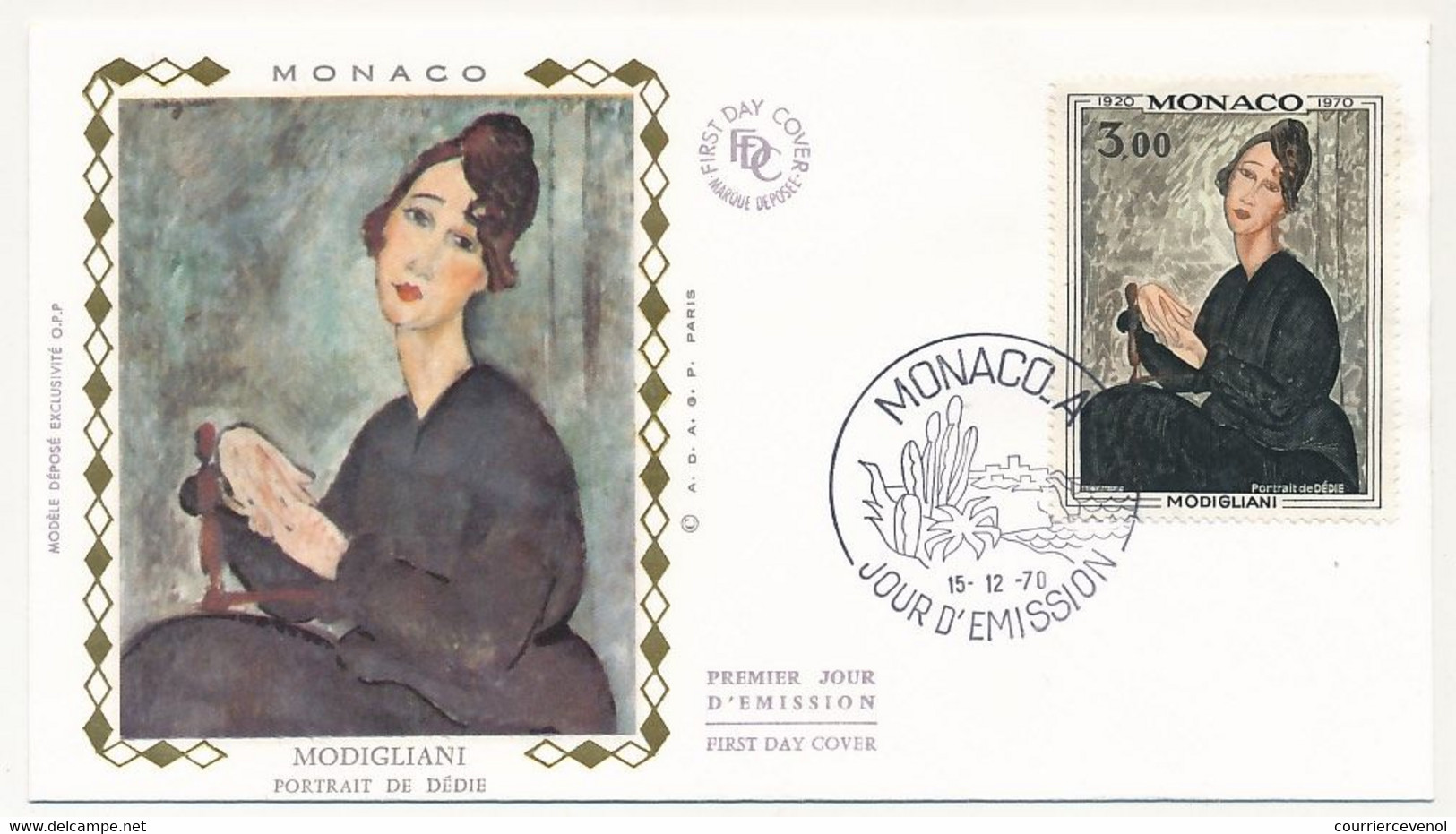 MONACO => Env FDC Soie - 3,00 MODIGLIANI, Portrait De Dédie - Monaco-A  15/12/1970 - FDC