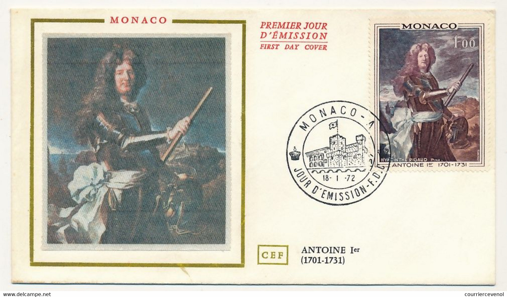 MONACO => Env FDC Soie - 1,00 Antoine 1er - Monaco-A  18/1/1972 - FDC