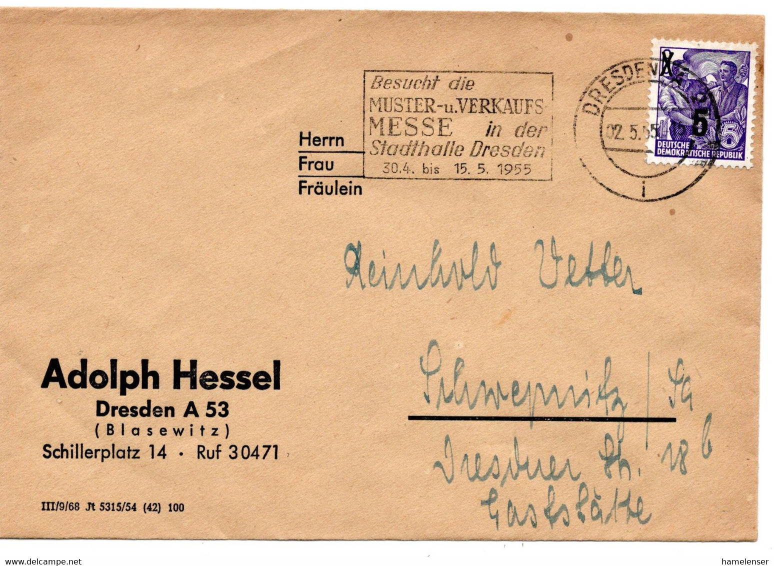 63115 - DDR - 1955 - 5/6Pfg Fuenfjahrplan EF A DrucksBf DRESDEN - ... MUSTER- U. VERKAUFSMESSE ... -> Schwepnitz - Briefe U. Dokumente