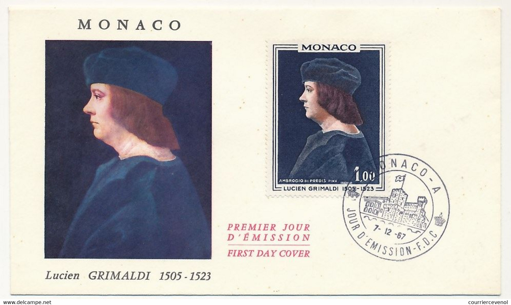 MONACO => Env FDC Soie - 1,00 Lucien Grimaldi - Monaco-A  7/12/1967 - FDC