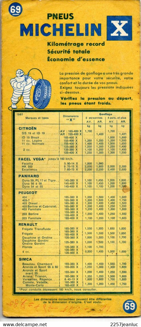 Carte N: 69  -  Bourges  - Mâcon   - Pneus  Michelin Carte Au  200000 ème  De 1962.dos Pression Pneus Divers - Kaarten & Atlas