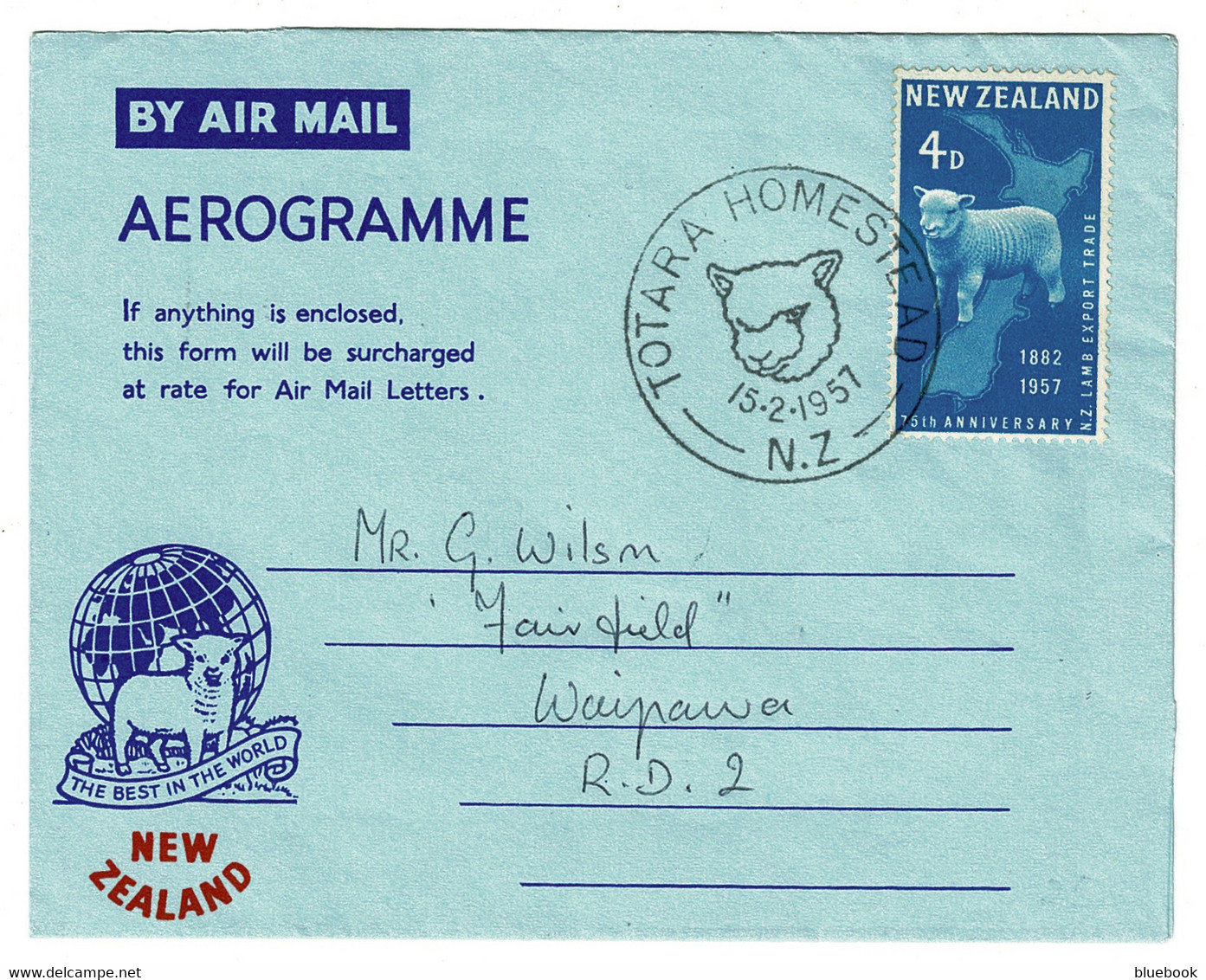 Ref 1581 - New Zealand 1957 Aerogramme - Totara Homestead Postmark - Sheep Theme - Covers & Documents