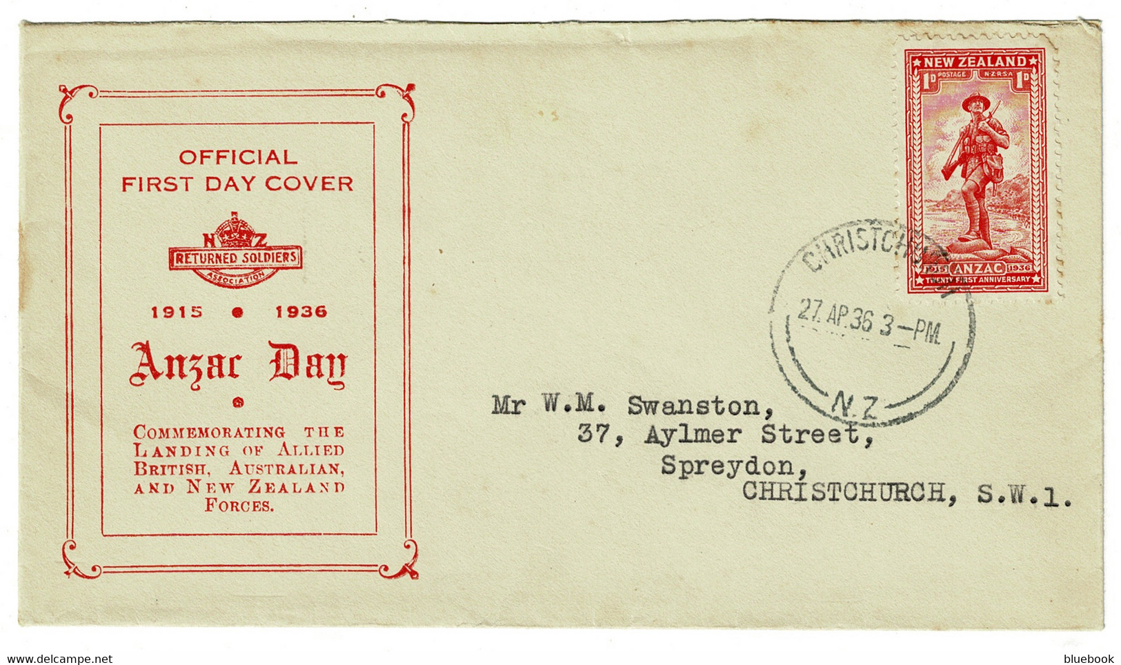 Ref 1581 - New Zealand 1936 FDC First Day Cover - 1d Anzac Day - Christchurch Postmark - Brieven En Documenten