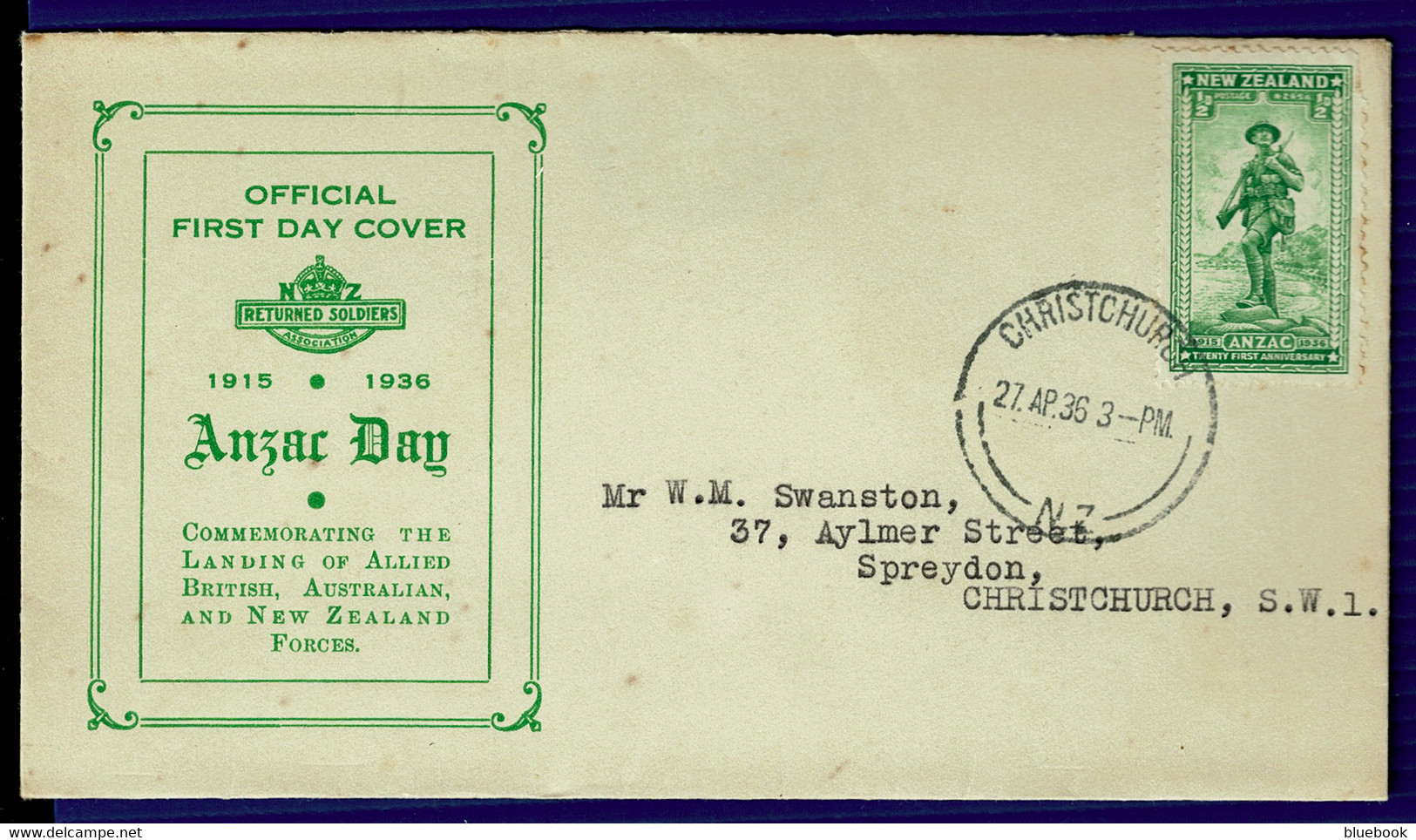 Ref 1581 - New Zealand 1936 FDC First Day Cover - 1/2d Anzac Day - Christchurch Postmark - Lettres & Documents