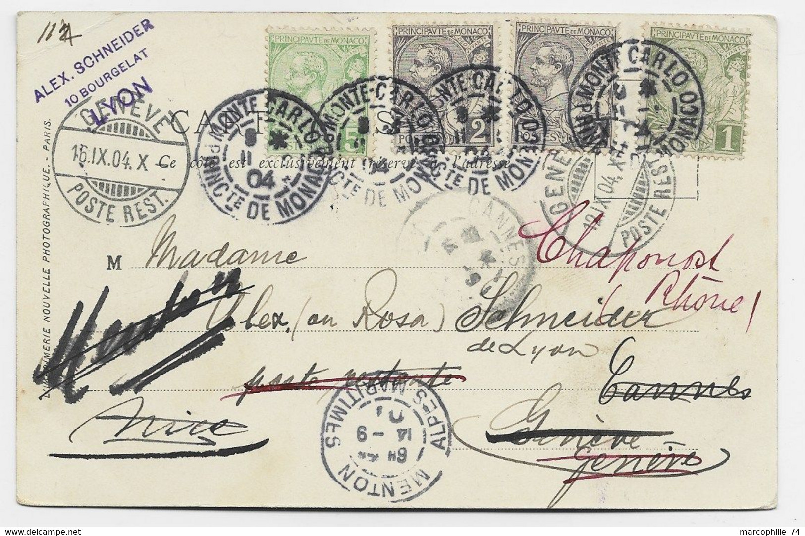 MONACO 1C+2CX2+5C CARTE MONTE CARLO 1904 POUR GENEVE  POSTE RESTANTE REEXP A CANNES - Cartas & Documentos